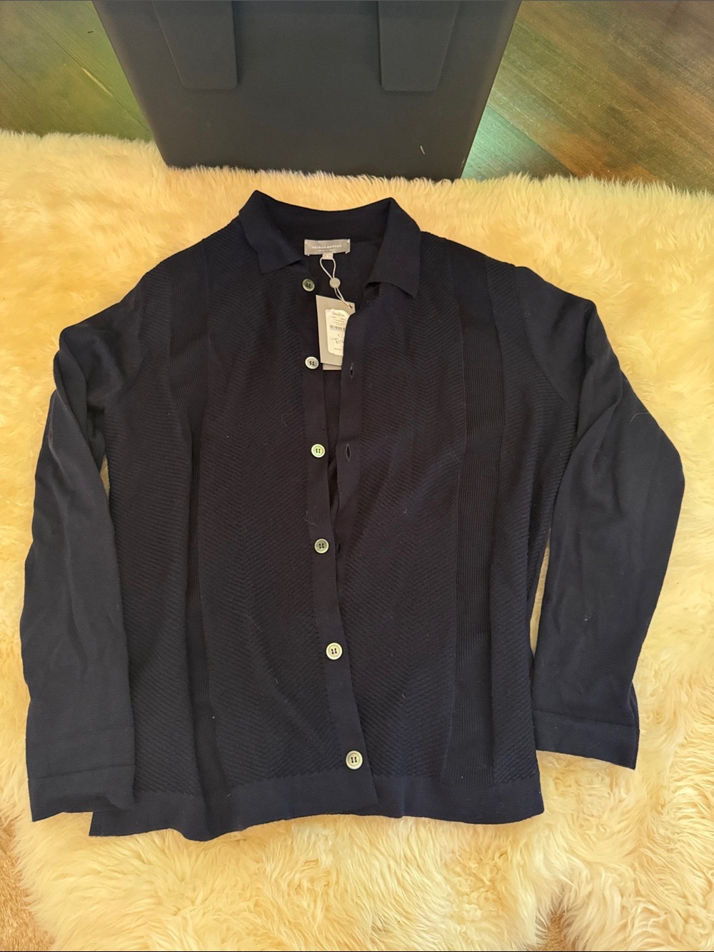Neiman Marcus Navy Blue Merino Wool Button-Up Cardigan